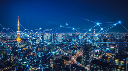 Fototapeta premium Smart digital city with connection cyber security network reciprocity over the cityscape . future smart wireless digital city and social media networking systems that connects people within the city