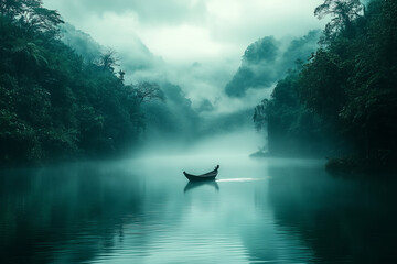 Fototapeta premium Solitary boat on a misty river flanked by dense jungle, shrouded in early morning fog