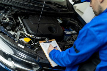 Automotive technician inspecting engine components during a maintenance check in a repair shop on a busy weekday afternoon