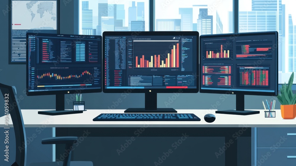 Poster financial trading desk with multiple monitors displaying stock market data