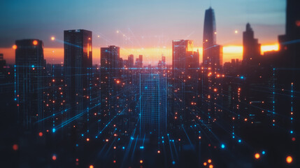 Fototapeta premium Smart digital city with connection cyber security network reciprocity over the cityscape . future smart wireless digital city and social media networking systems that connects people within the city