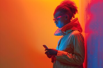 Close up of customer using smartphone for secure nfc payment in vibrant studio setting