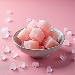 Pink sugar cubes in bowl with ice - perfect for dessert blogs, candy websites, sweet treat recipes or Valentine's Day themed presentations