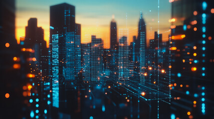 Obraz premium Smart digital city with connection cyber security network reciprocity over the cityscape . future smart wireless digital city and social media networking systems that connects people within the city