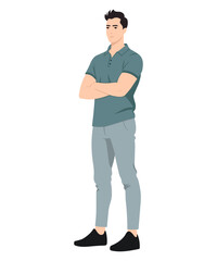 Vector illustration. Man in light blue polo shirt with short sleeves, light trousers. Standing with arms crossed.