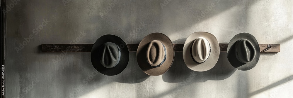Poster four stylish fedora hats hang in a row on a wooden rack, illuminated by gentle sunlight filtering th