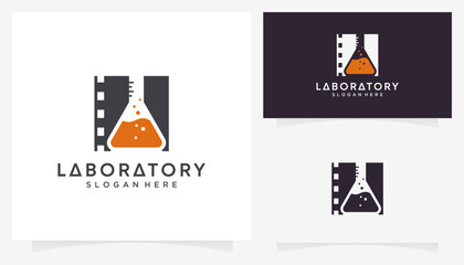 Combined vector of film strip with lab glass icons symbols. Abstract shape ideas science and cinema film production logo design graphic.
