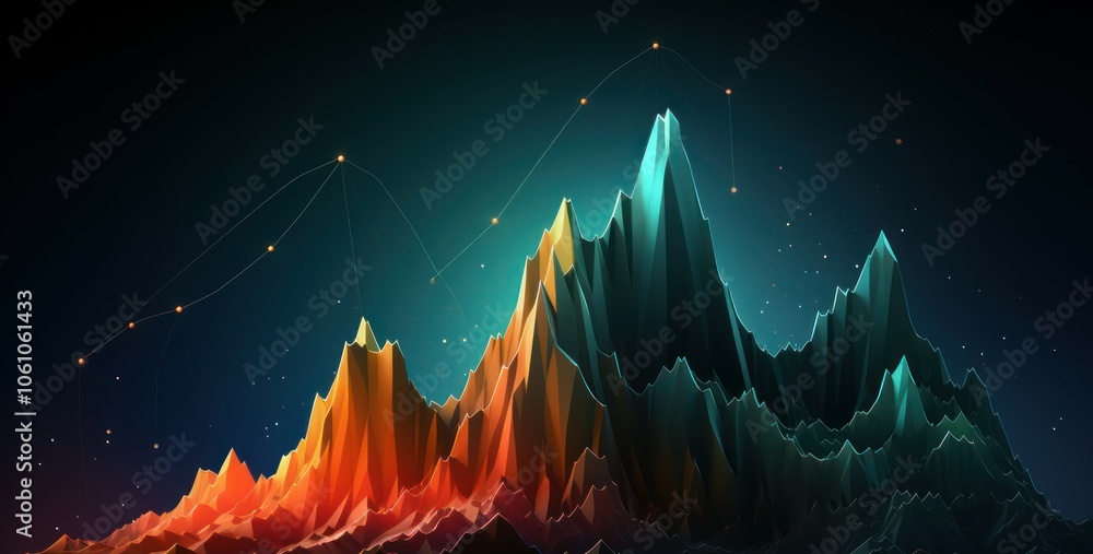 Poster a colorful 3d mountain landscape visualizing data trends and patterns.