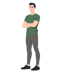 Vector illustration. A man in a light green T-shirt and dark trousers. The pose is confident, his arms are crossed.