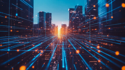 Fototapeta premium Smart digital city with connection cyber security network reciprocity over the cityscape . future smart wireless digital city and social media networking systems that connects people within the city