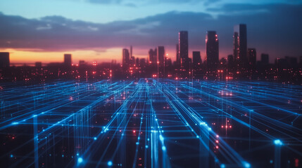 Fototapeta premium Smart digital city with connection cyber security network reciprocity over the cityscape . future smart wireless digital city and social media networking systems that connects people within the city