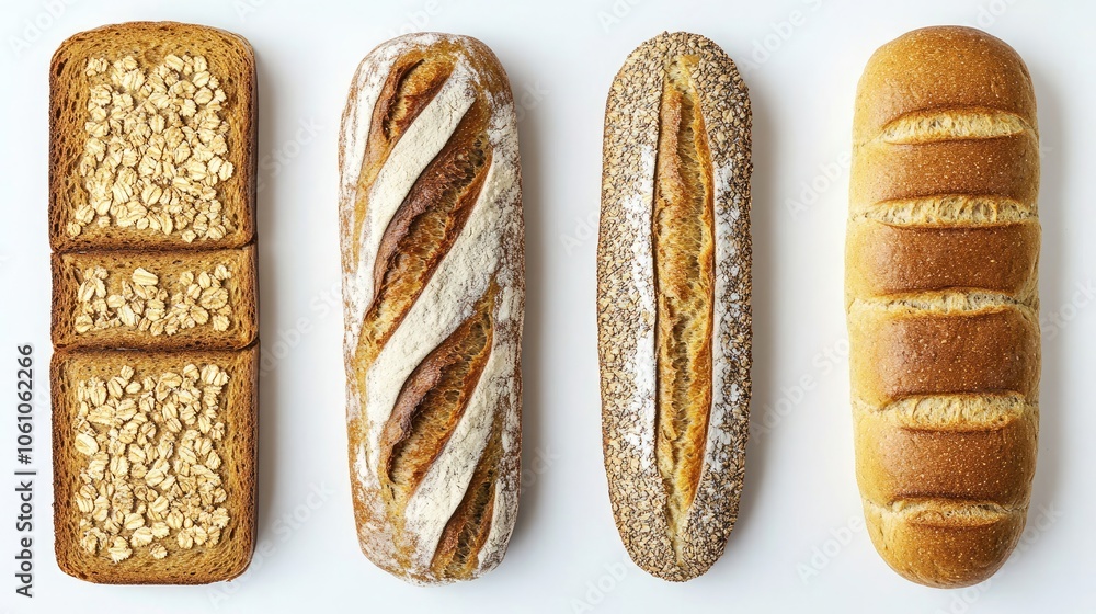 Poster whole grain breads displayed on a white background for culinary use generative ai
