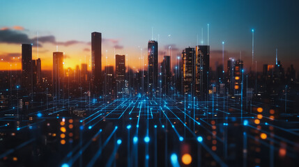 Obraz premium Smart digital city with connection cyber security network reciprocity over the cityscape . future smart wireless digital city and social media networking systems that connects people within the city