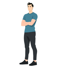 Vector illustration. Young man in a blue T-shirt and black trousers, stands confidently, arms crossed on his chest.