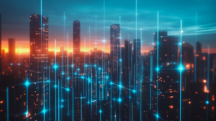 Fototapeta premium Smart digital city with connection cyber security network reciprocity over the cityscape . future smart wireless digital city and social media networking systems that connects people within the city