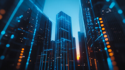 Obraz premium Smart digital city with connection cyber security network reciprocity over the cityscape . future smart wireless digital city and social media networking systems that connects people within the city