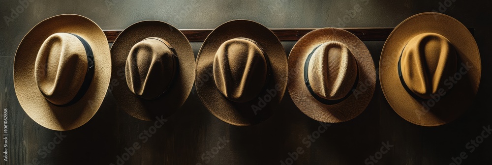 Aufkleber Five classic fedora hats are arranged neatly on a wooden rack, showcasing their unique styles and textures in a cozy environment. Generative AI