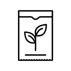 Line art icon of seed packet with sprouting plant symbol
