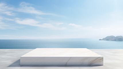Fototapeta premium Minimalist White Marble Platform with Ocean View – Scenic Coastal Background for Product Display