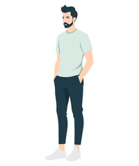 Vector illustration. A man with a beard, in a light green T-shirt and dark trousers, his hands are down, a relaxed pose.