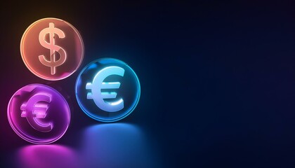 Obraz premium Neon glowing currency symbols, dollar and euro, against a dark background.