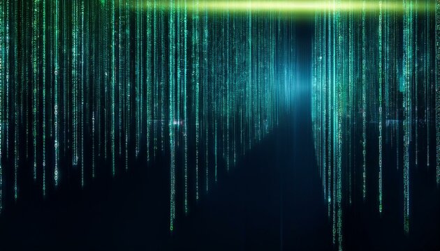 Abstract digital background with green binary code flowing down a dark background.