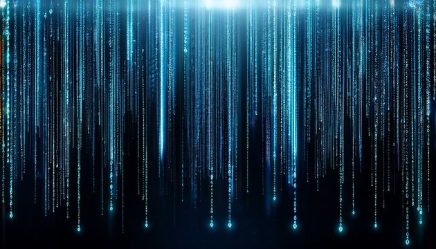 Abstract digital rain of blue binary code falling against a black background.