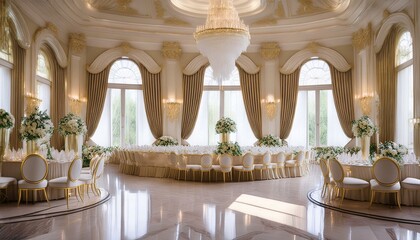 Elegant wedding reception venue with large windows and a grand chandelier.