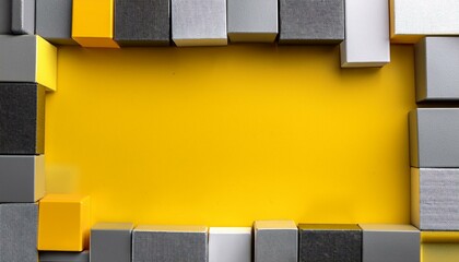Abstract geometric background with yellow, gray, and white blocks.