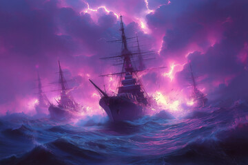 Fototapeta premium Dramatische Schiffsansicht bei Sturm und Gewitter im Ozean