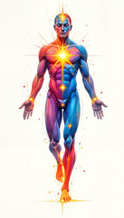 Vibrant human figure with a radiant heart and energy bursts in an artistic style, energy fields, energy meridians
