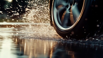 Powerful car wheels splashing through wet streets, creating sprays that embody control and energy in urban driving
