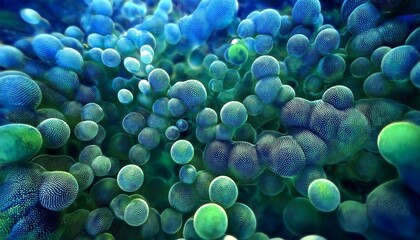 Abstract background of vibrant blue and green orbs, creating a mesmerizing, organic texture.