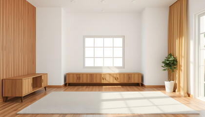 Obraz premium 3D rendering minimal style living room with wooden floor ,white wall,wooden brown cabinet,big window,carpet isolated with white highlights, png