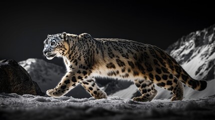 Obraz premium Majestic Snow Leopard Walking in Mountain Landscape