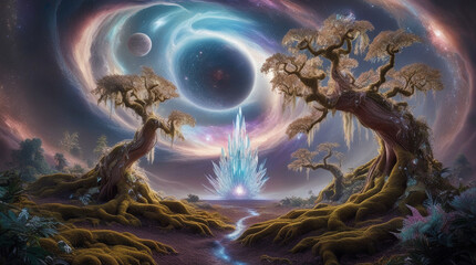 Naklejka premium Fantasy Adventure in Space with Nature