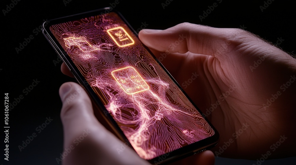 Poster hands interacting with smartphone displaying holograms