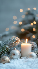 Fototapeta premium Vertical Christmas background with cozy atmosphere of seasonal holidays, burning candle, Christmas tree balls, pine branches on snow with festive bokeh background. Merry Christmas and Happy New Year