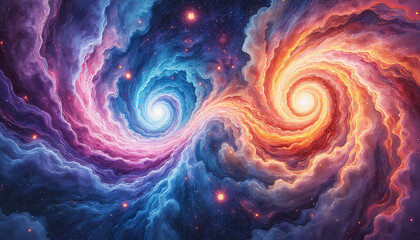 Dramatic swirling galaxies in contrasting colors of blue and orange in a vibrant cosmic style,  cosmic energy fields