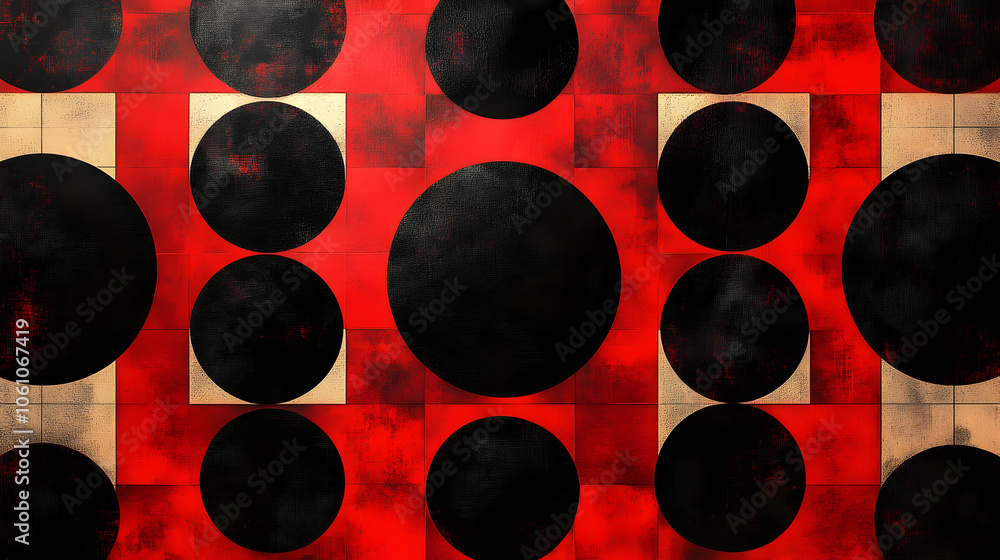 Poster an abstract geometric pattern featuring black and red circles and squares, illustrating dynamic desi