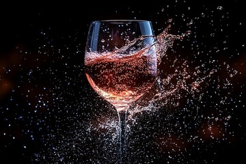 Rose wine pouring into a glass with splashes on black background