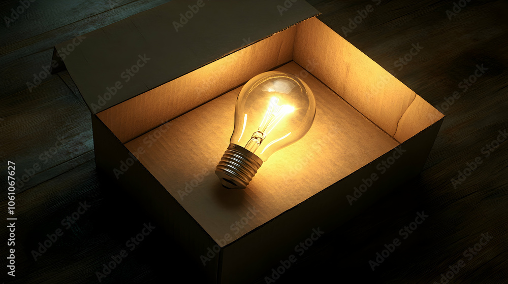 Poster an illuminated light bulb placed in an open cardboard box on a textured surface, symbolizing creativ