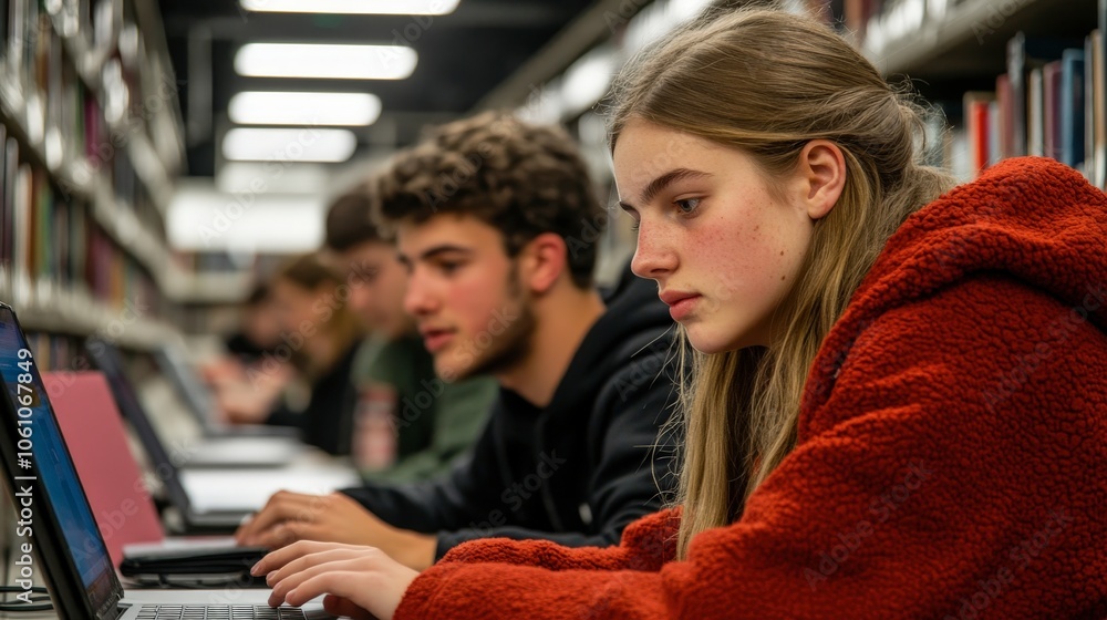 Poster group of students studying in library setting
