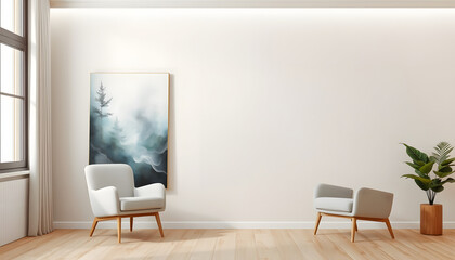 Standing canvas next to beige living room wall and single armchair isolated with white highlights, png