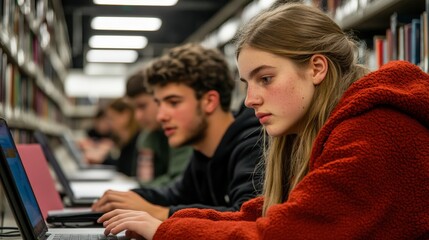 Group of Students Studying in Library Setting