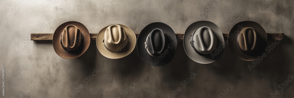 Poster Classic fedora hats in various colors are neatly arranged on a wooden rack, creating a stylish focal point in the room. Generative AI