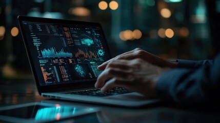 Analyzing Financial Data on a Laptop in a Dimly Lit Environment