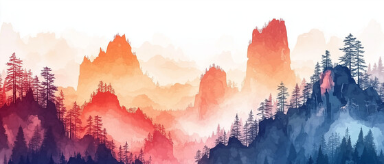 Obraz premium Illustration vectorielle en aquarelle du paysage de Tianzi Shan pour fond d'écran panoramique