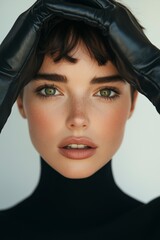 Beautiful young woman wearing black leather gloves, hands rest gently over her head