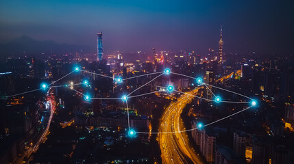 Fototapeta premium Smart digital city with connection cyber security network reciprocity over the cityscape . future smart wireless digital city and social media networking systems that connects people within the city